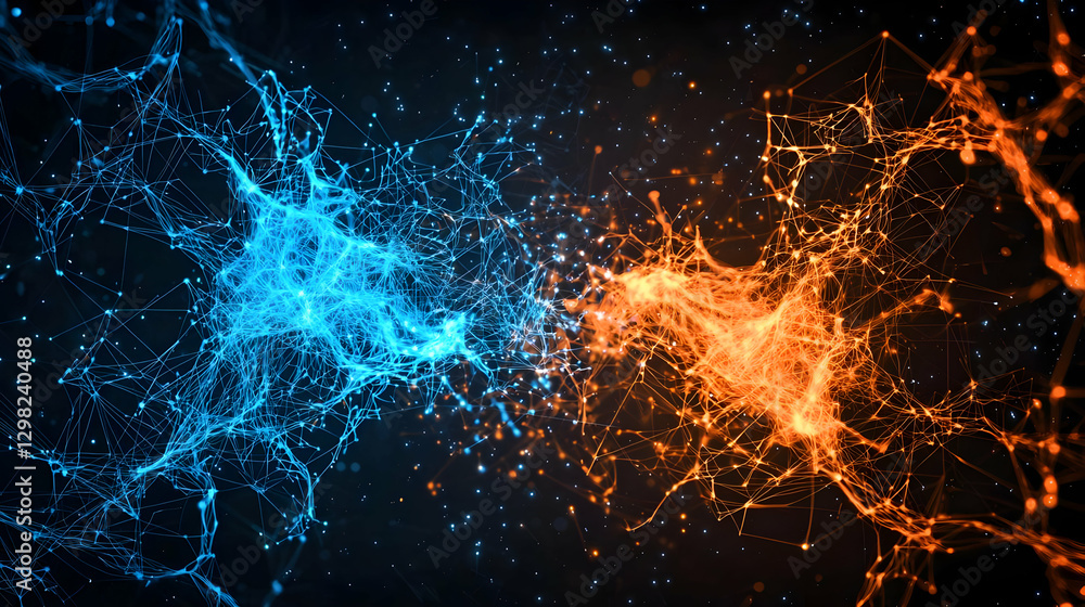 Poster abstract blue and orange digital particle connection design on dark background