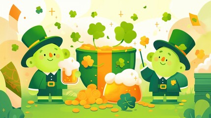 Fototapeta premium Flat Cartoon St. Patrick’s Day Vector with Smiling Shamrock, Beer Mug, and Lucky Leprechaun Gold Pot on Green Background.