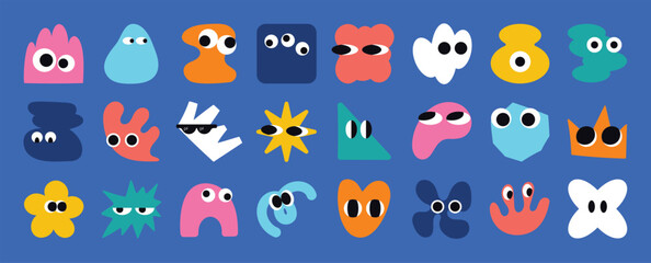 Set of colorful funny shape element vector. Collection of cartoon characters, cute doodle dawn, geometric, organic shape with fun eye. Design for decorative, sticker, toys and kids.