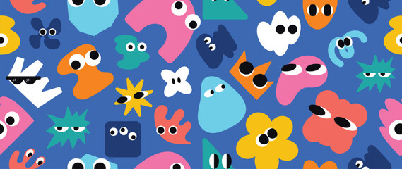 Colorful funny shape seamless pattern background vector. Cartoon characters, cute doodle dawn, geometric, organic shape with fun eye. Design for decorative, sticker, kids fabric, banner.