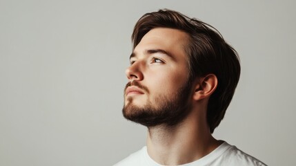 Obraz premium young man looking upward profile portrait