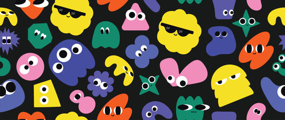 Colorful funny shape seamless pattern background vector. Cartoon characters, cute doodle dawn, geometric, organic shape with fun eye. Design for decorative, sticker, kids fabric, banner.