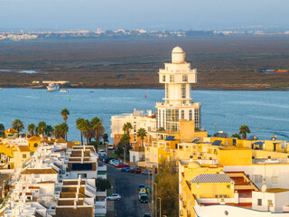 Faro del Cantil situado en la localidad onubense de Isla Cristina, Andalucia