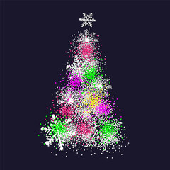 New Year card with snow-covered fir tree and snowflakes. Vector illustration.