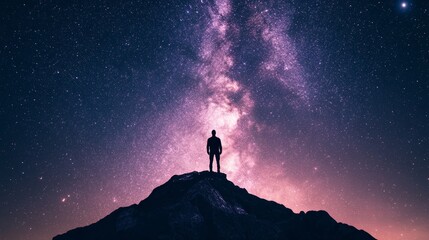 Fototapeta premium Silhouette of a lone figure under starry night sky and milky way on hilltop