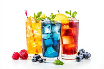 Frozen colorful cocktails with fruits and ice cubes on white background.