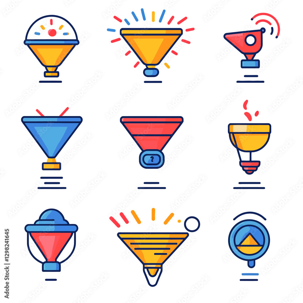 Poster colorful funnel icon set depicting data filtering and conversion concepts