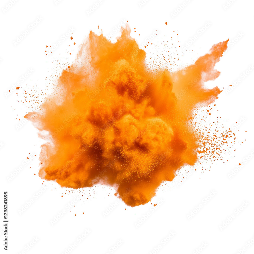 Poster dynamic orange powder explosion isolated on transparent background showcasing vivid color and textur