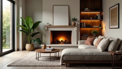 Cozy living room with fireplace and comfortable sofa, cozy, modern