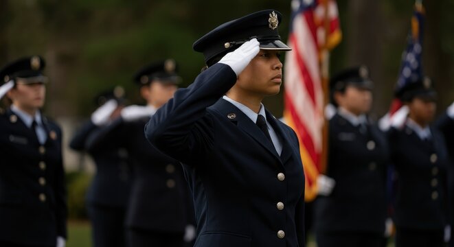 Military personnel in uniform saluting during ceremony with flags background