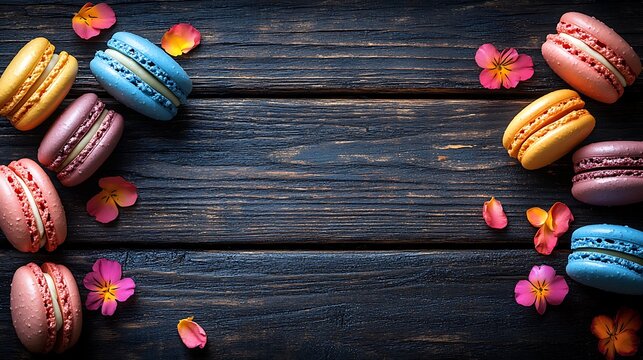 A rustic wooden table with bright macarons and scattered flower petals adding charm