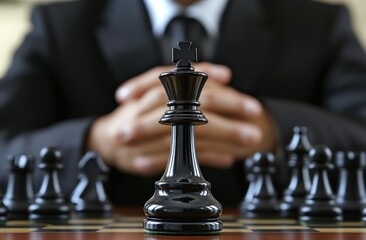 Businessman strategizing, chess king, planning, hands clasped, office background