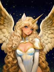 Beautiful Pegasus Unicorn Woman, wearing Gold and White Armor