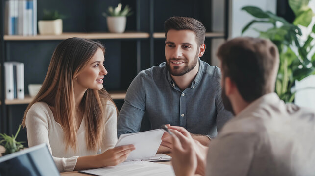 Young caucasian couple sitting at the desk discussing contract and having consultation with man realtor or financial advisor in office. Insurance agent consulting man, business people working together
