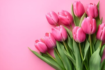 Pink tulips bouquet on pink background