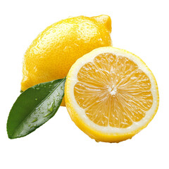 Fresh lemon with green leaf on a transparent background showcasing its vibrant color and juicy interior, lemon with leaf on transparent background