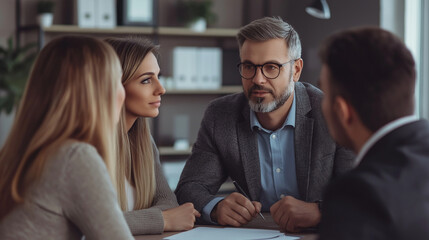 Young caucasian couple sitting at the desk discussing contract and having consultation with man realtor or financial advisor in office.Insurance agent consulting man,young couple looking at each other