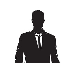 Business man avatar, high contrast drawing, isolated vector silhouette, businessman in suit, front view