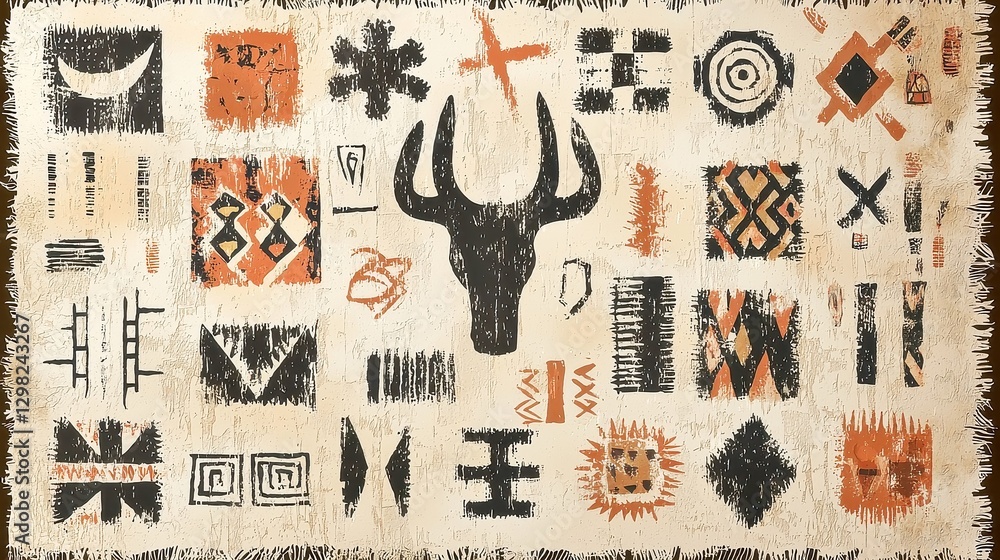Poster mud cloth ethnic geometric design for textiles, featuring intricate patterns and ample copy-space, i
