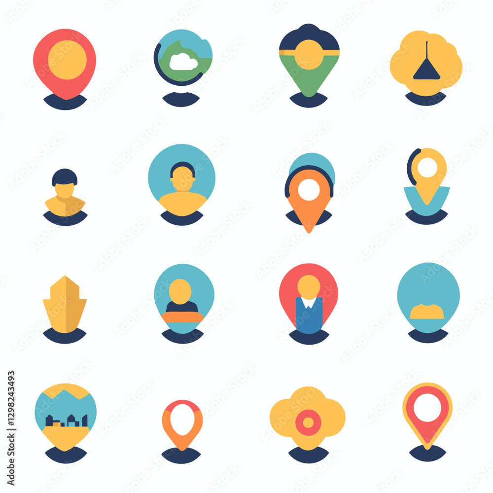 Poster map pin vector icons set in flat design style for ui and web design