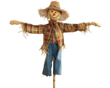 Scarecrow with straw hat and plaid shirt, standing in field. This cheerful figure is often used to deter birds from crops, adding rustic charm to landscape