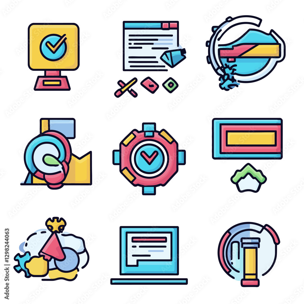 Poster icon set showcasing data analysis, web development and digital workflow