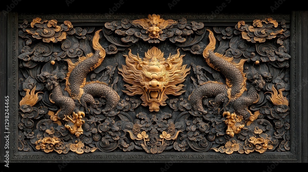 Poster balinese temple carving pattern, intricate line art design featuring seamless patterns of temple car