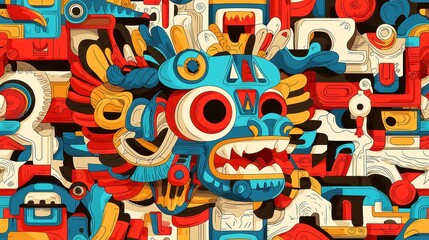 Obraz premium Aztec tribal motif seamless pattern for home decor, featuring intricate line art, ideal for textiles, wallpapers, and interior design projects, with ample copy-space for customization