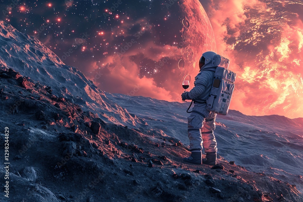 Poster astronaut in a spacesuit and helmet drinks a glass of wine on asteroid on galaxy background