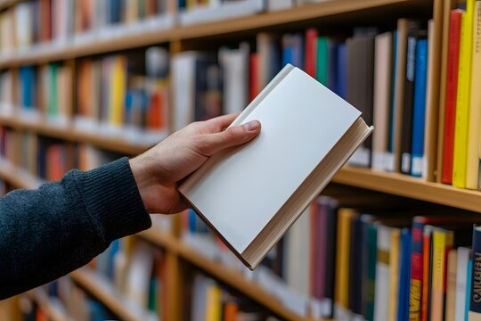 Person selecting a blank book in library.