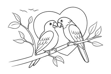 Two lovebirds on a branch heart background outline drawing