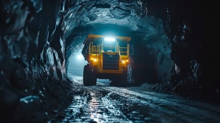 Illuminated underground mining tunnel showcasing industrial machinery and active excavation efforts