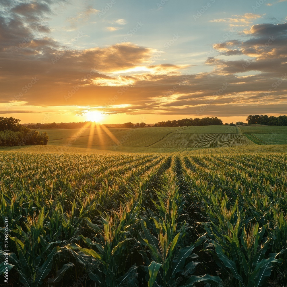 Poster vibrant sunset over cornfields with golden rays illuminating the landscape near farmland in summer. 