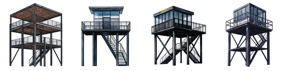 Weathered and decaying industrial towers stand tall their metal and wooden structures reaching towards the sky creating a striking and evocative scene that evokes a sense of nostalgia mystery