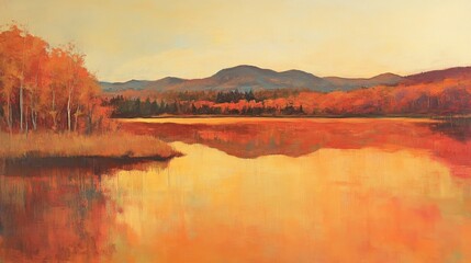 Naklejka premium A serene painting depicting a tranquil lake reflecting the vibrant colors of the sky, with majestic mountains rising in the background, surrounded by lush greenery and soft clouds.