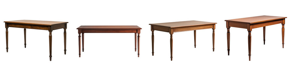 Assortment of refined wooden tables in various styles including classic modern and rustic designs suitable for home and office interiors  The tables feature different wood materials like oak mahogany