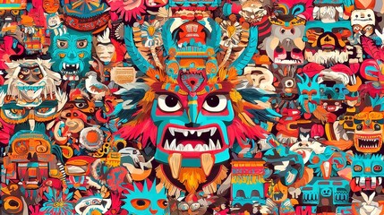 Fototapeta premium Tiahuanaco Ancient Motifs Seamless Vector Background, intricate Bolivian designs, minimalist line art, perfect for creative projects, elegant and culturally rich aesthetic