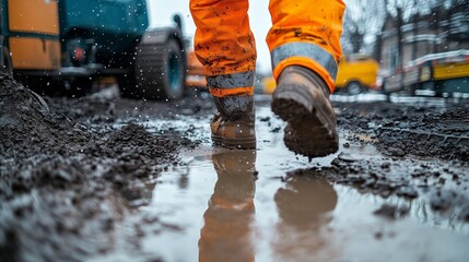 Worker in safety gear walking through muddy construction site, emphasizing outdoor work safety.
