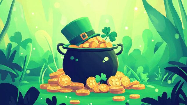St. Patrick’s Day themed vector art with green beer, lucky shamrocks, gold coins, and a leprechaun hat. Ideal for posters, banners, and greeting cards.