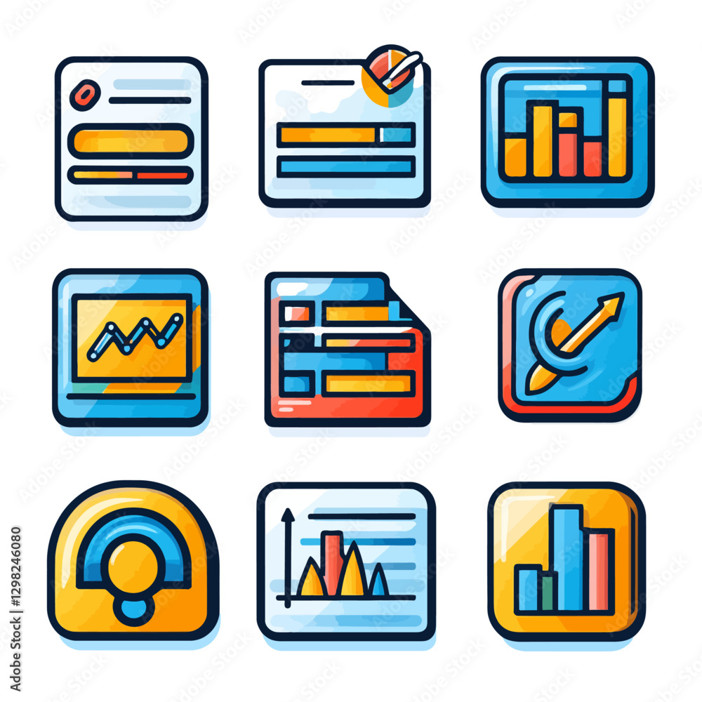 Poster data analysis icons set with graphs, charts, and reports in doodle style