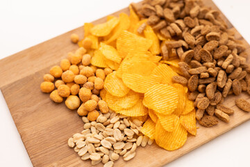 snacks for beer close-up crisp snacks on white background
