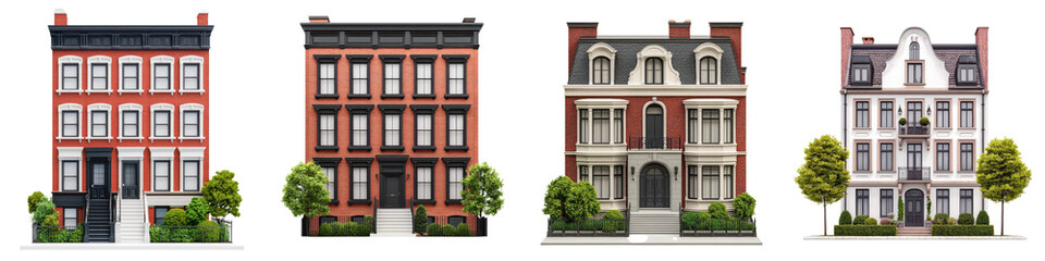 Fototapeta premium Charming Historic Urban Residential Buildings with Ornate Brick and Stone Facades Decorative Lush Trees Lining the Street in a Vibrant City Neighborhood