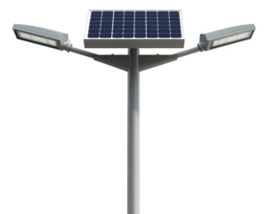 solar powered streetlight with multiple LED fixtures, designed for energy efficiency and sustainability. This modern lighting solution enhances urban environments