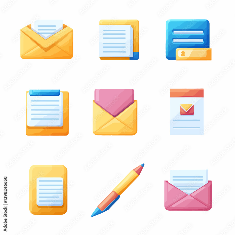 Poster email icons set: colorful communication graphics for digital messaging