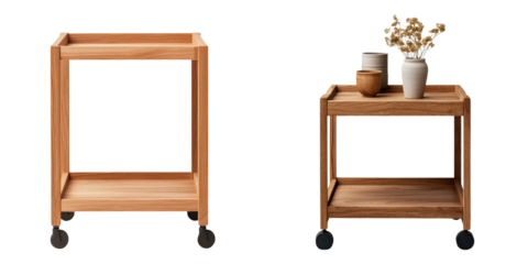 Elegant wooden shelves and storage carts displayed in a modern minimalist interior design setting  The scene includes various decorative elements such as vases plants and other accessories