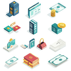 Isometric Finance Concept with Money, Reports and Documents Collection