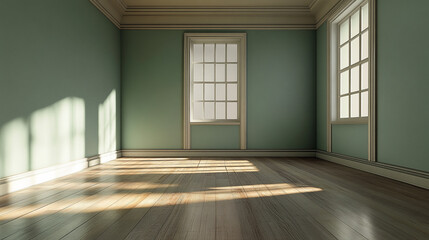 Sunlit room, shadow play, wooden floor, moody lighting, empty space, vintage feel Sunlit green Room with Large Windows