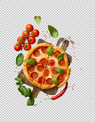 Pepperoni Pizza with Fresh Basil and Cherry Tomatoes on transparent background, png, psd
