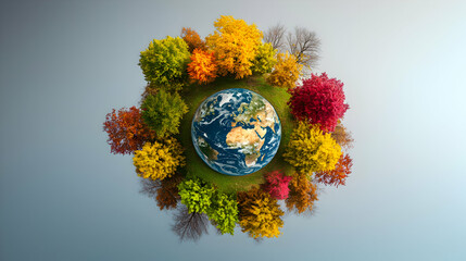 Stylized Earth Globe Surrounded By A Ring Of Colorful Autumn Trees Against A Soft Gradient Background