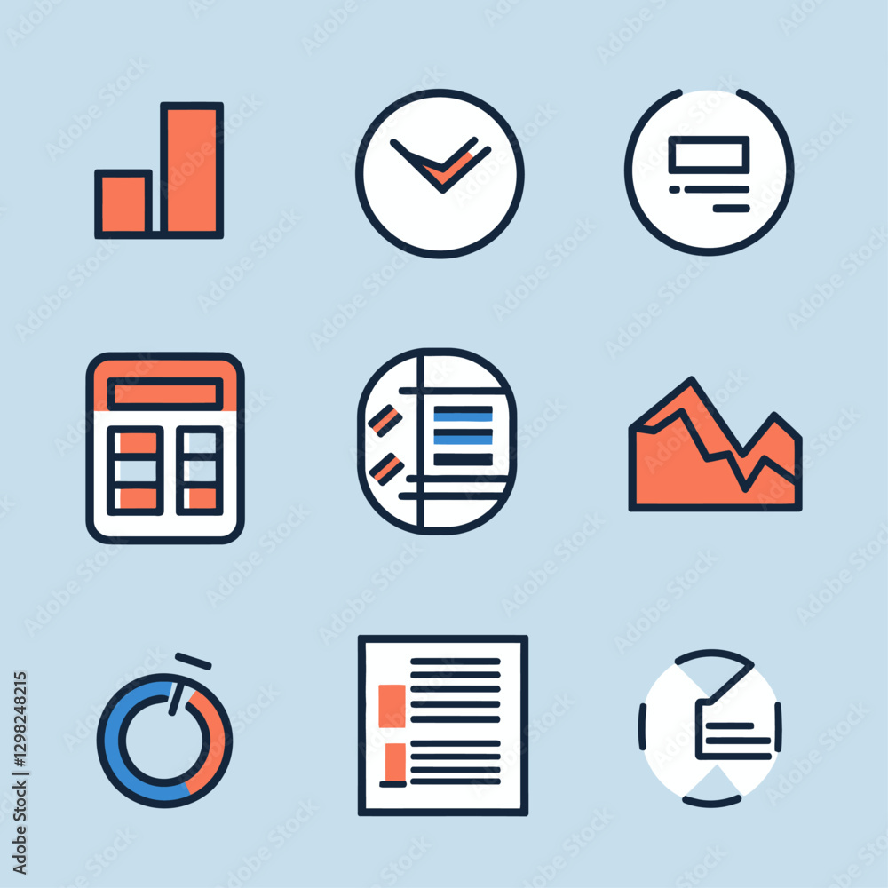 Poster business analysis: data charts and graphs with calculator on light blue